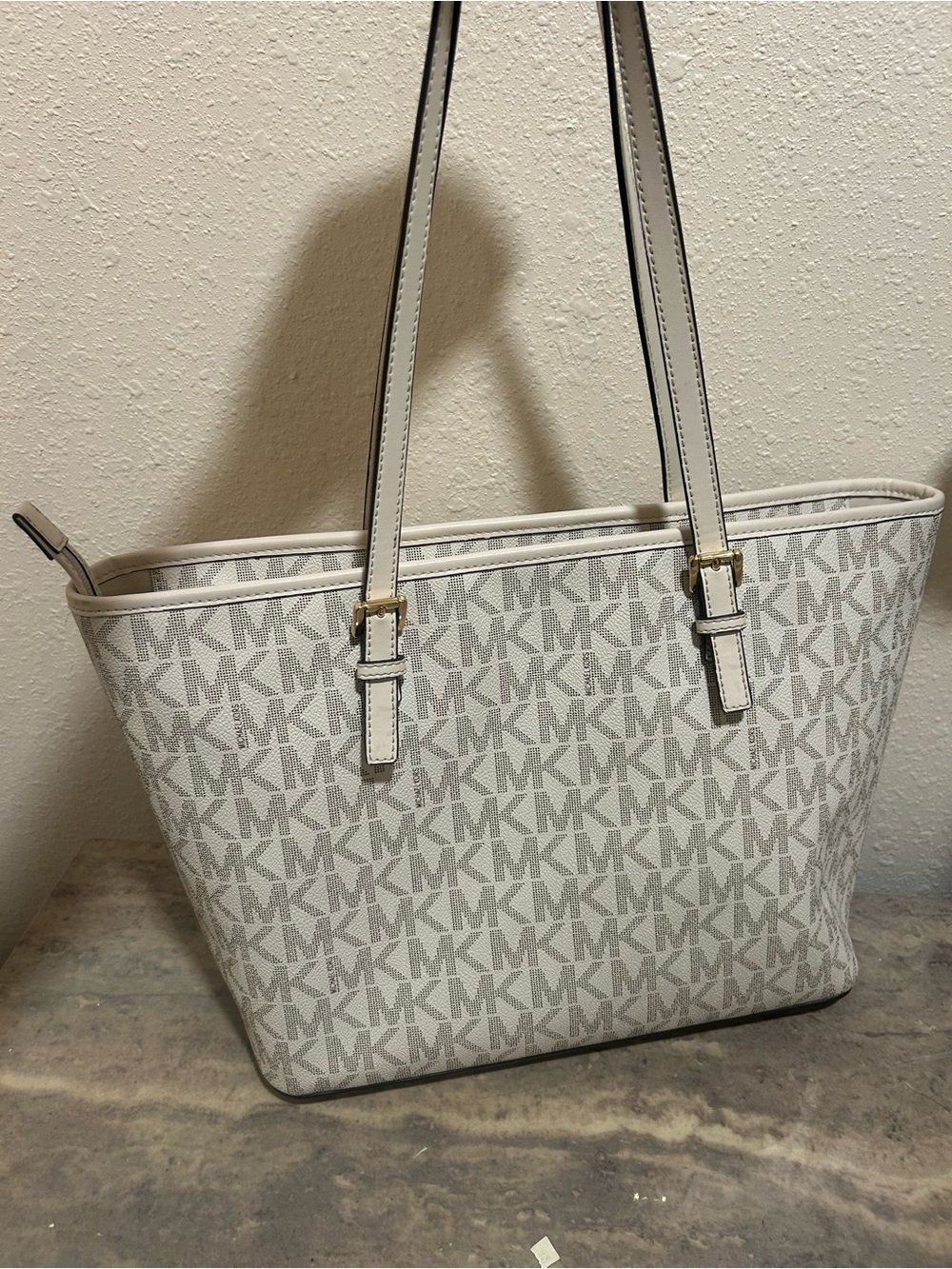 Michael Kors White and Light Gray MK Logo Tote